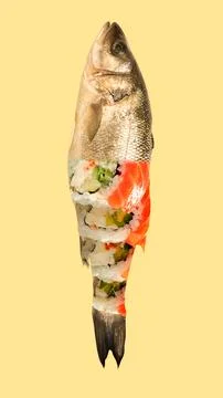 Creative dinner. Sushi inside fish over yellow background. Seafood, culinary Ilustração Stock