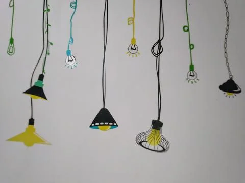 A creative display of colorful lightbulb wall decals adds a fun, whimsical to Stock Photos