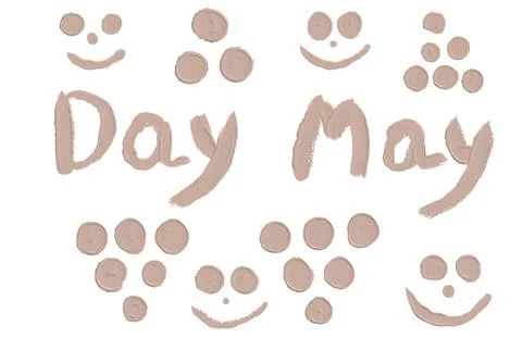 Creative display of playful smiley faces and the words Day May in soft beige Stock Illustration