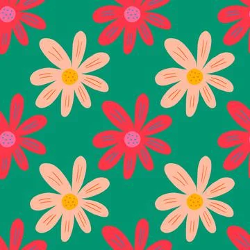 Creative ditsy seamless pattern on green background. Cute chamomile print. Fl Stock Illustration