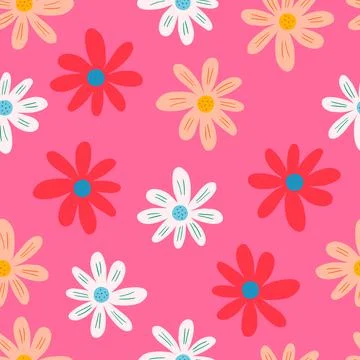 Creative ditsy seamless pattern on pink background. Cute chamomile print. Stock Illustration