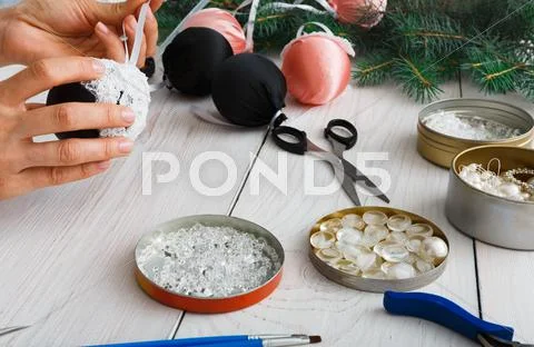 Creative diy craft hobby. Handmade christmas decoration, balls and garland Stock Photos