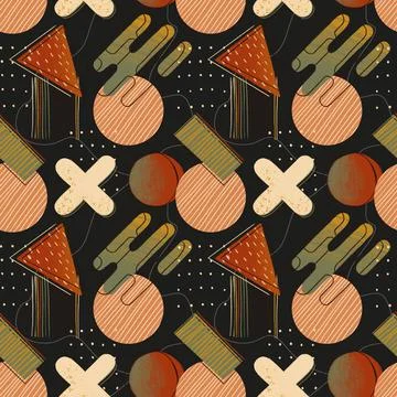 Creative doodle art seamless pattern with different shapes and textures. Hand Illustrazione stock