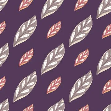 Creative doodle leaf silhouettes ornament seamless pattern. Purple background Illustrazione stock
