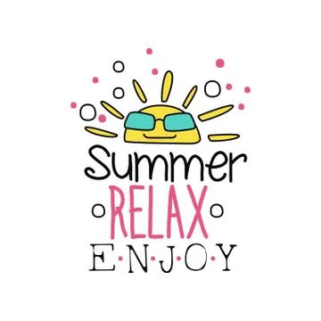 Creative doodle logo with sun in sunglasses. Summer label in outline style Stock Illustration