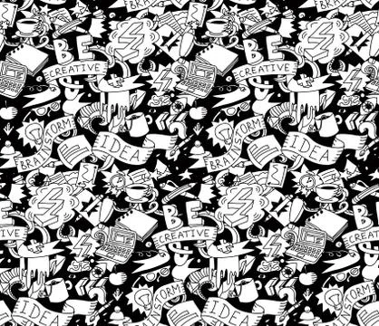 Creative doodles idea brainstorm black white seamless pattern Stock Illustration