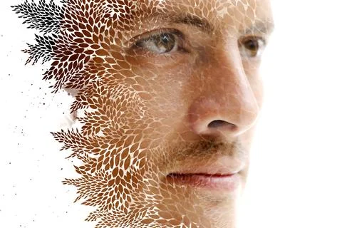 A creative double exposure close up portrait of a man Stock Photos