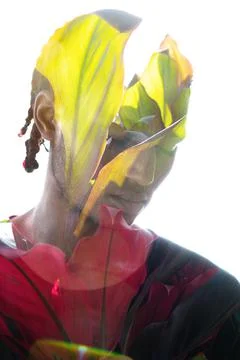 Creative double exposure portrait of a man and tropical plants Foto stock