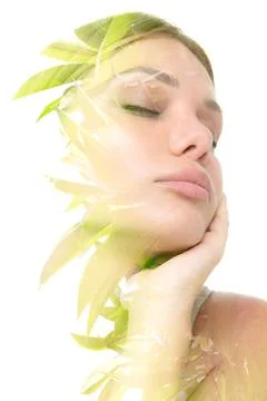 Creative double exposure portrait mixed with a photograph of a plant Stock Photos