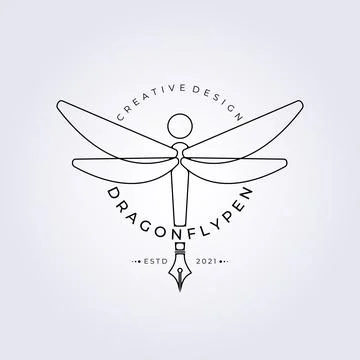 Creative Dragonfly logo, Pen logo vector illustration design, mascot pen logo Stock Illustration