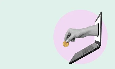 Creative drawing collage image of a hand holding a cryptocurrency, gold coins Stock Photos
