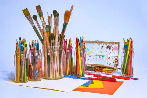 Creative drawing set on the table. Stock Photos
