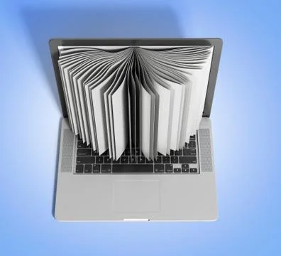 Creative E-learning Concept Book and Laptop 3d render on white Stock Illustration