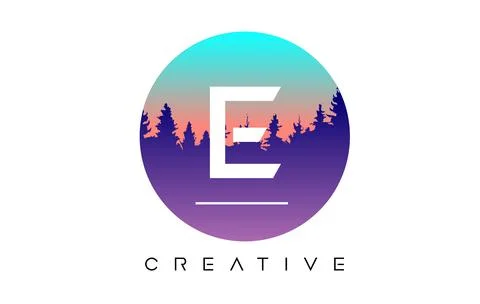 Creative E Letter Logo Design with Pine Forest Vector Shapes and Pastel Color Stock Illustration