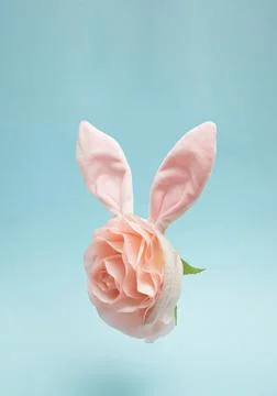 Creative Easter concept with Bunny rabbit ears headband and rose flower on pa Stock Photos