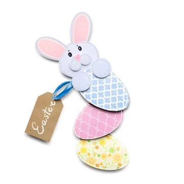 Creative easter concept photo of a rabbit with an egg made of paper on white bac Stock Photos