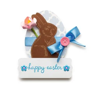 Creative easter concept photo of a rabbit with an egg made of paper on white bac Stock Photos
