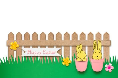Creative easter concept photo of rabbits in flower pots in front of the fence ma Stock Photos
