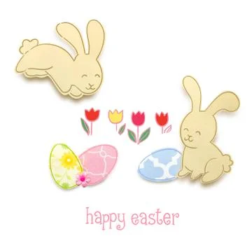 Creative easter concept photo of two rabbits with eggs made of paper on white ba Stock Photos
