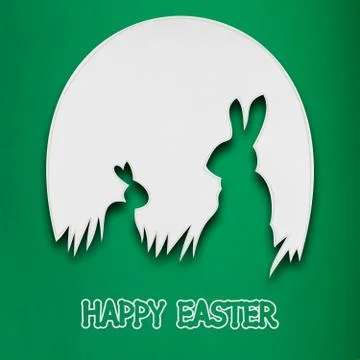 Creative easter concept photo of two rabbits in an egg made of paper on green ba Stock Photos