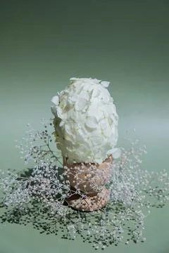 Creative Easter egg shape made of white lilac spring petals flowers. Responsible Stock Photos