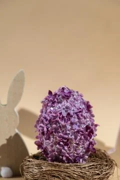 Creative Easter egg shape made of lilac spring petals flowers. Eco-friendly Foto stock