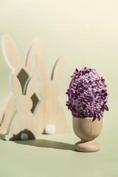 Creative Easter egg shape made of lilac spring petals flowers. Eco-friendly Stock Photos
