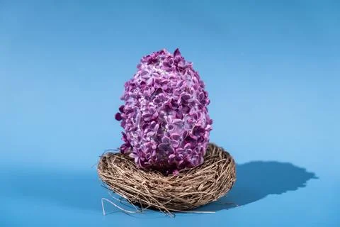 Creative Easter egg shape made of lilac spring petals flowers. Minimal holiday Stock Photos