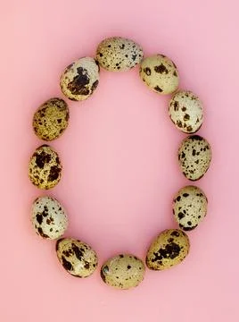 Creative Easter egg-shaped layout made of quail eggs on pink background. Stock Photos