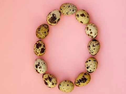 Creative Easter egg-shaped layout made of quail eggs on pink background. Stock Photos