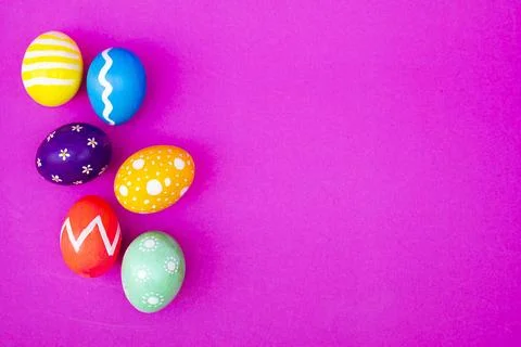 Creative Easter Eggs Flat Lay With Pink Background Stock Photos