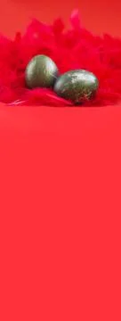 Creative Easter eggs in red feathers on a red background. Verical format. Stock Photos