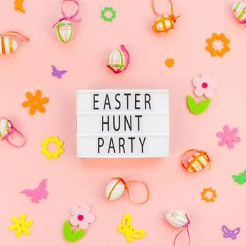 Creative Easter flat lay holiday text ligthbox 스톡 사진