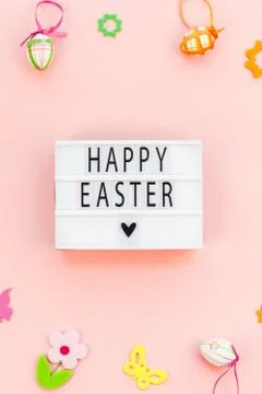 Creative Easter flat lay holiday text ligthbox Foto stock