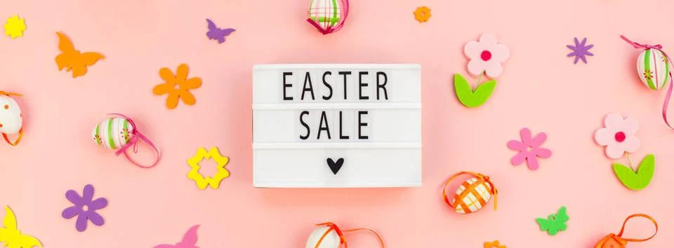 Creative Easter flat lay holiday text ligthbox Creative Top view flat lay ... 스톡 사진