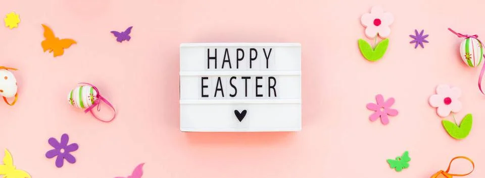 Creative Easter flat lay holiday text ligthbox Creative Top view flat lay ... 스톡 사진