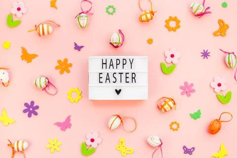 Creative Easter flat lay holiday text ligthbox Stock Photos