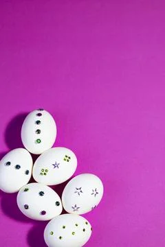 Creative Easter Flat Lay with White Eggs On light Purple Backkground Stock Photos