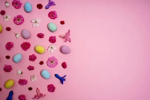 Creative easter layout. horizontal pattern made with spring flowers Stock Photos