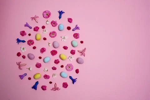 Creative easter layout. horizontal pattern made with spring flowers Stock Photos