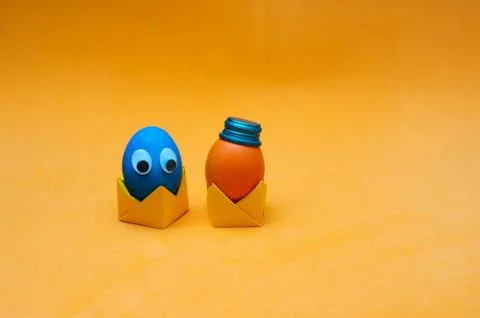 Creative easter minimalistic composition. Painted eggs. Easter concept Stock Photos