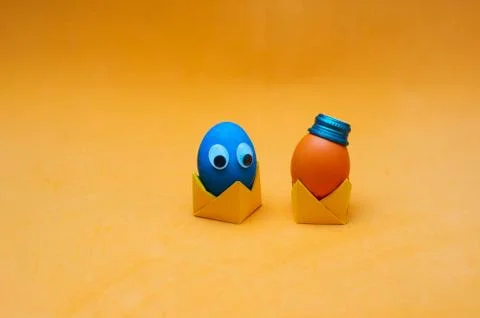 Creative easter minimalistic composition. Painted eggs. Easter concept Stock Photos