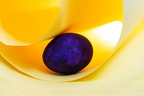 Creative Easter photo, purple egg on a yellow background. Space for text. Stock Photos