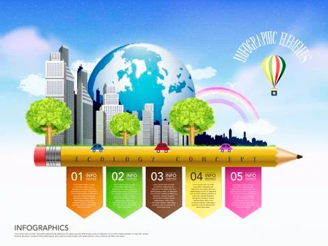 Creative ecology concept template with pencil flow chart infographic Illustrazione stock
