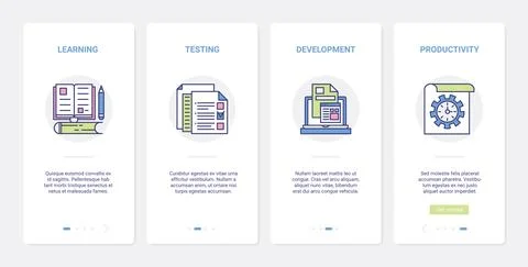 Creative education productivity processes UX, UI onboarding mobile app page Stock Illustration