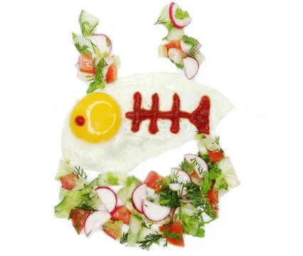 Creative egg breakfast fish form Stock Photos