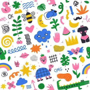 Creative Elements and Doodle Colorful Shapes and Forms Vector Seamless Pattern Illustrazione stock