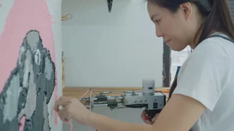 Creative Embroidery Art Process in a Bright Studio Stock Footage 335588179
