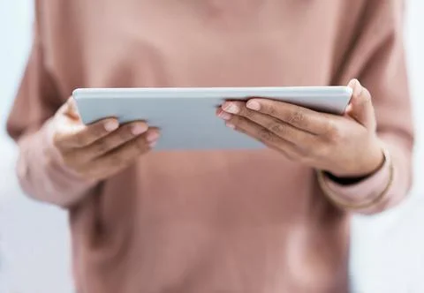 Creative, employee and hands with tablet, online and project schedule on so.. Stock Photos