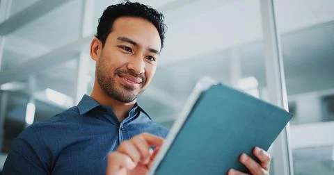 Creative, employee and man with tablet, office and research for design proj.. Stock Photos